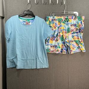 Cuddl Duds Cotton Core Scoop Tee and Shorts Pajama Set LightBlue/Pstod, Large